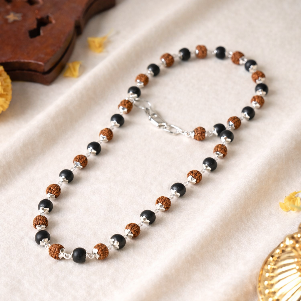 🕉️ Divya Raksha Rudraksha & Karungali Mala with Silver Capping – Protection, Strength & Spiritual Shield
