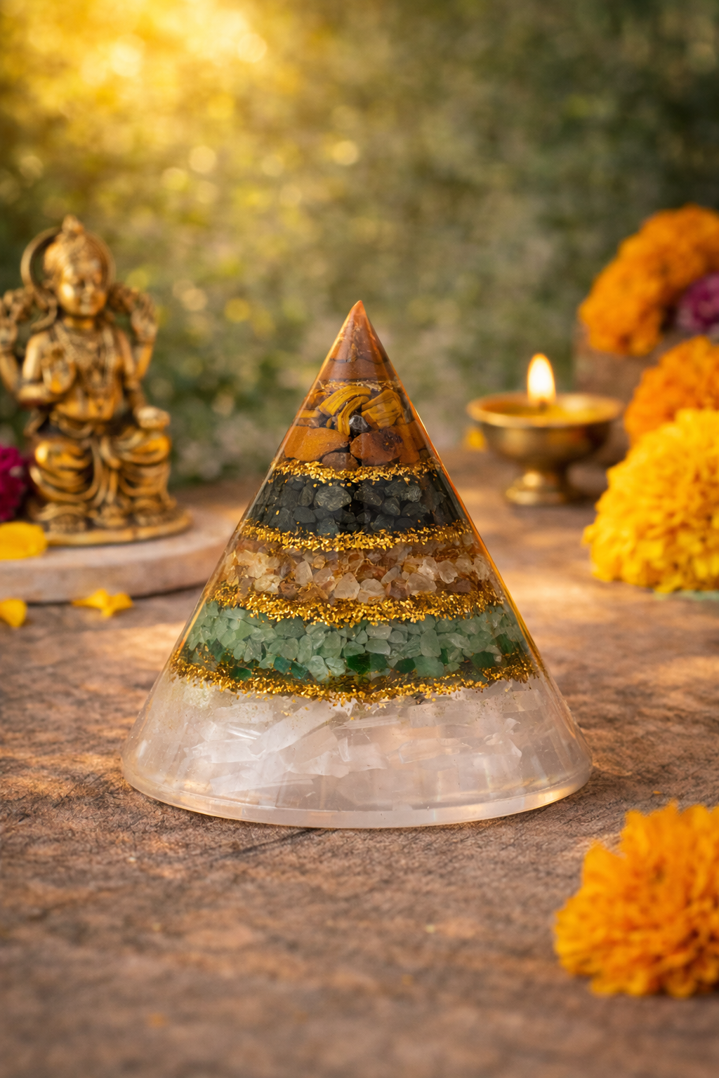 💰🔺 Conical Dhan Yog Pyramid with Selenite Base – Wealth, Abundance & Vastu Energy Booster