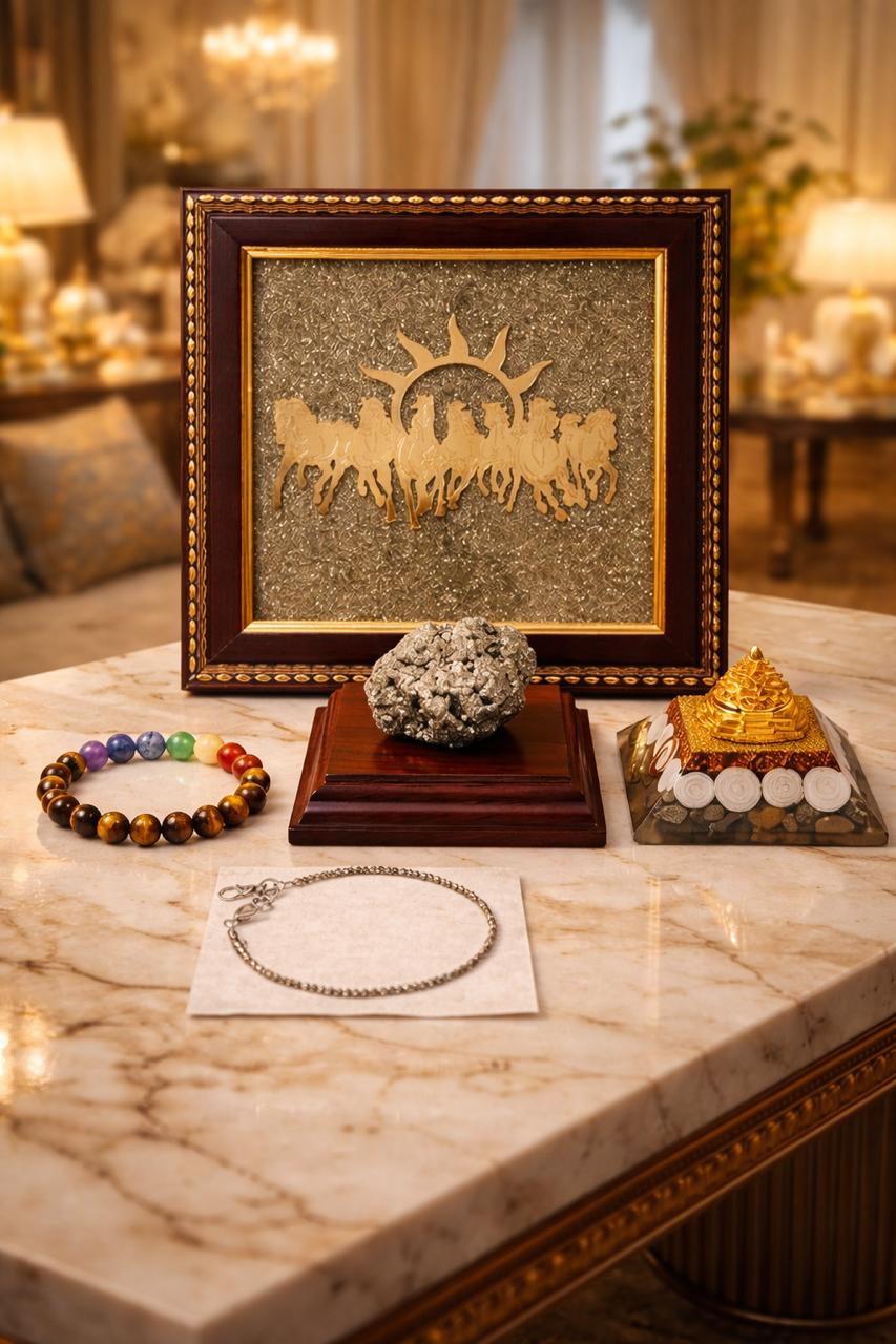 Dhan Laxmi Family Wellness Combo – Pyrite Stone, Sun Horses Frame, Chakra Bracelet & Dhan Laxmi Pyramid | Wealth & Prosperity Energy Kit